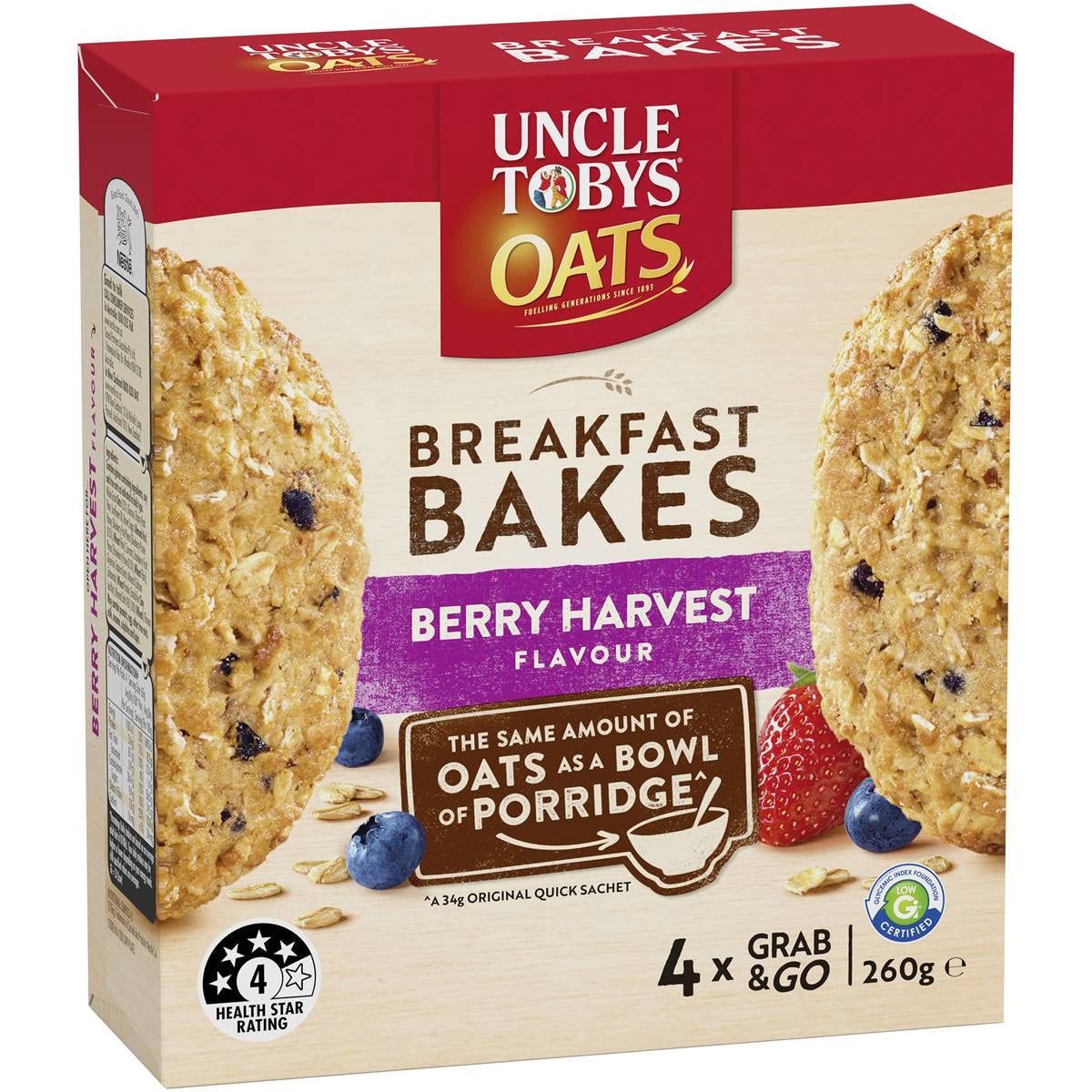 Uncle Tobys Oats Breakfast Bakes Cereal Bar Berry Harvest 260g