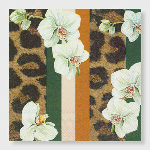 Manor Road Cocktail Napkins 20pk White Orchid and Leopard