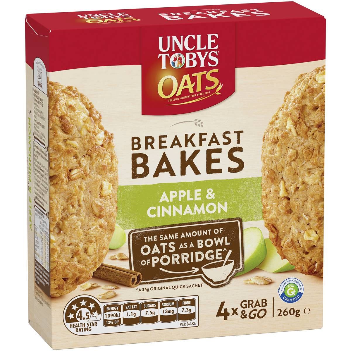 Uncle Tobys Oats Breakfast Bakes Cereal Bar Apple & Cinnamon 260g