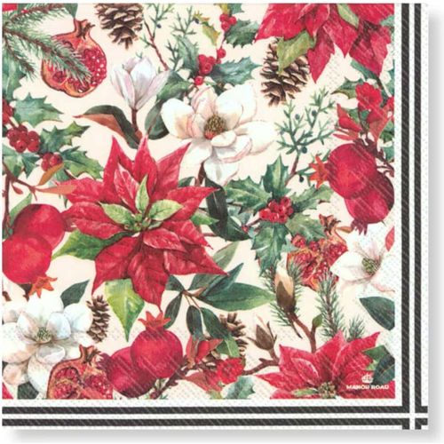 Manor Road Luncheon Napkin Poinsettia & Pomegranate 20Pk