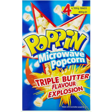 Poppin Microwave Popcorn Triple Butter Flavour Explosion 100g X4 Pack