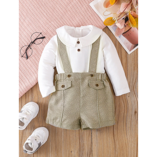 Baby Boy Herringbone Suspender Shorts with White Peter Pan Bodysuit 12-18 Months